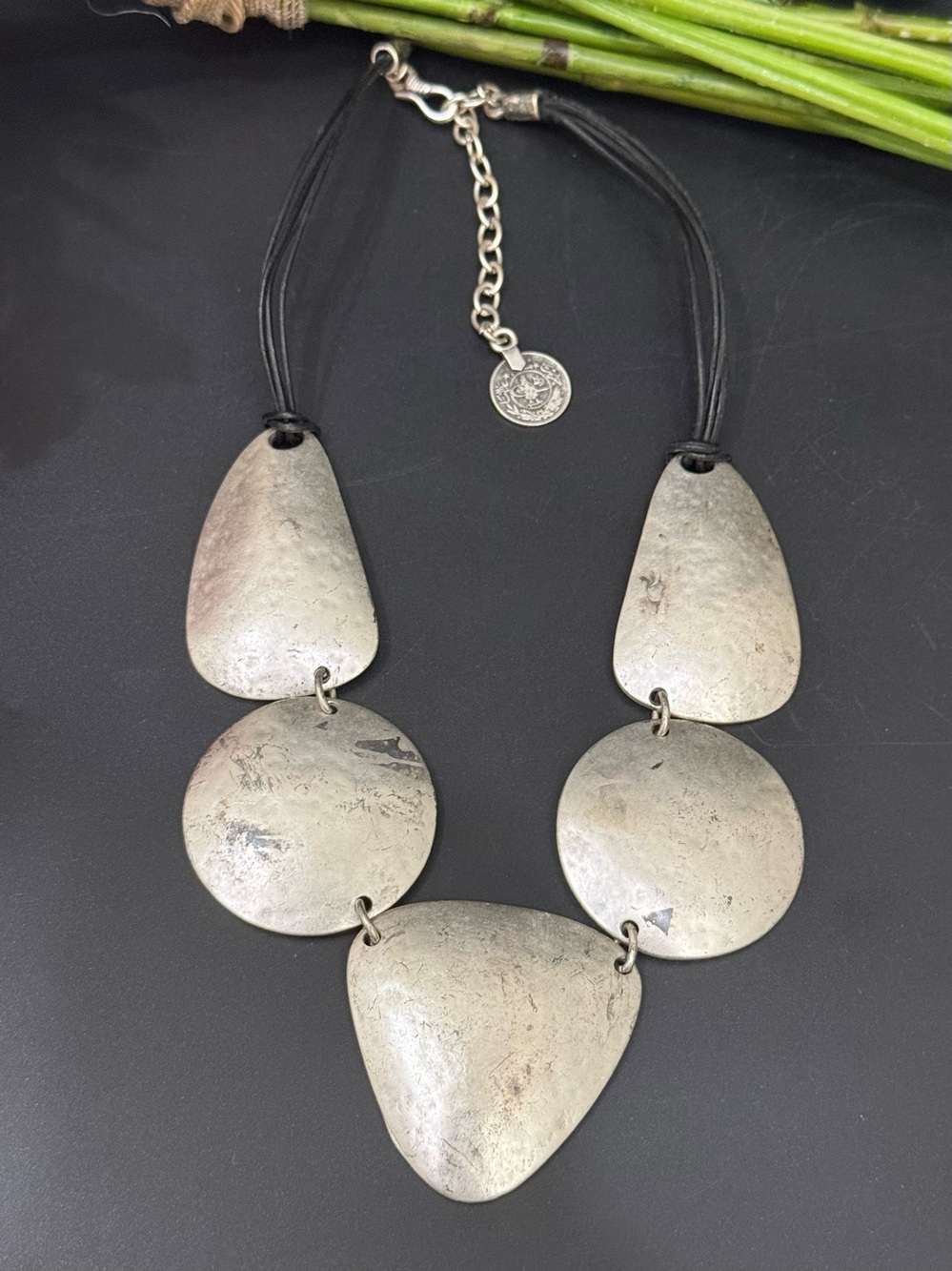 Modernist Silver tone Hammered Metal Geometric Chunky Statement Necklace